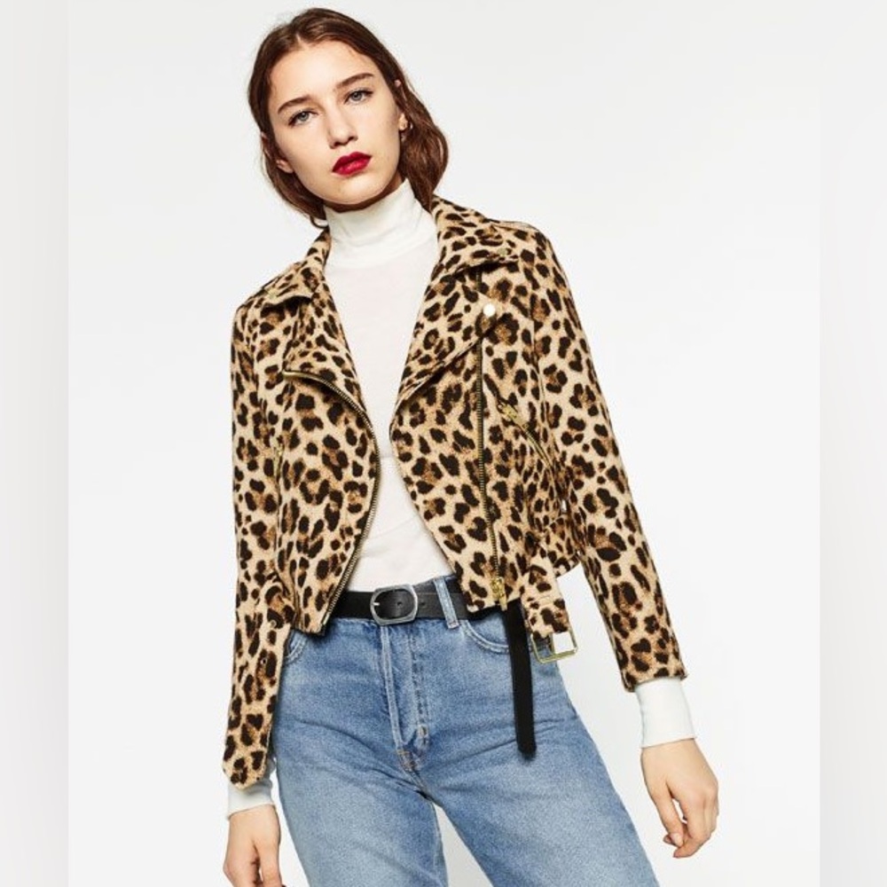 Zara Leopard Animal Print Moto Jacket